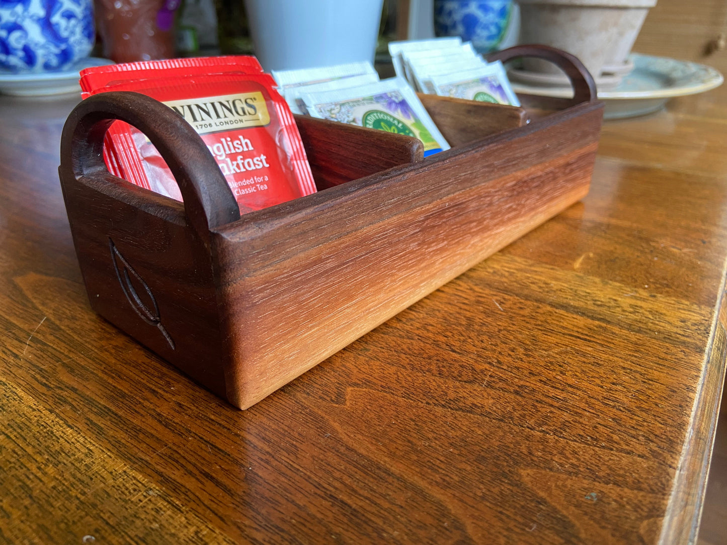 Hand-made Walnut Tea Caddy - Custom Tea Leaf Engraving
