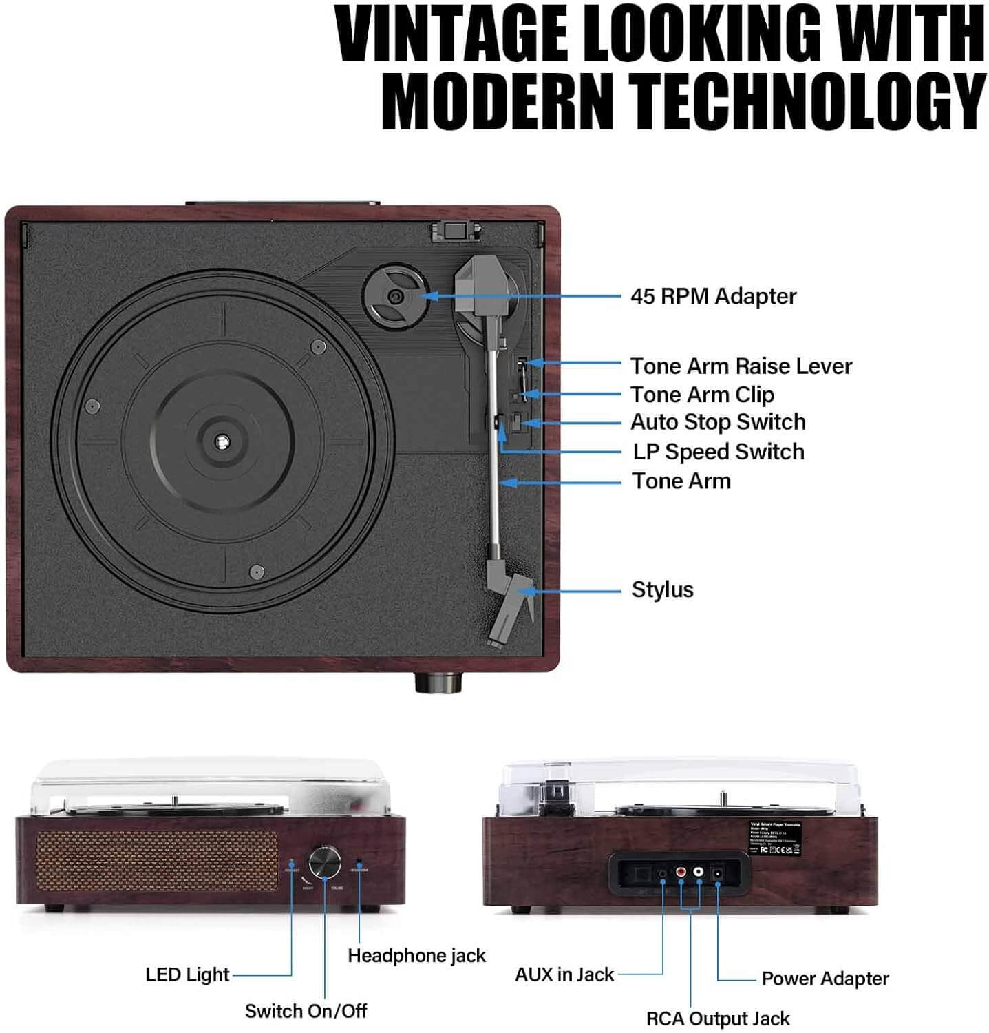Vinyl Record Player - Turntable with Built-in Bluetooth Receiver