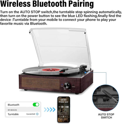 Vinyl Record Player - Turntable with Built-in Bluetooth Receiver