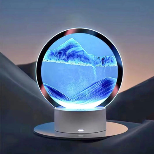 Moving Sand Art Liquid Motion With Light (7 Color/Touch Control) Round Glass Quicksand Painting 3D Flow Sand Art Picture - Relaxing Sensory Desktops Decoration for Home & Office (Blue Sand)